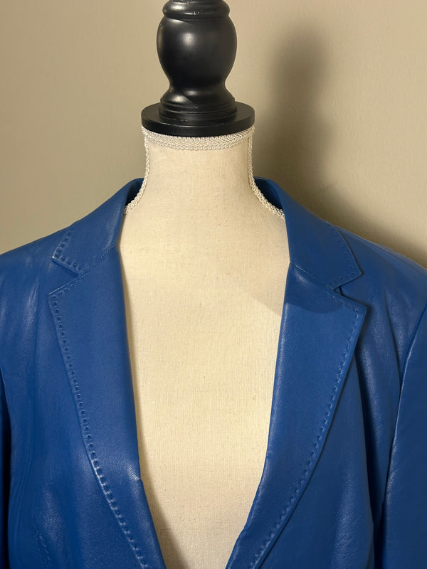 Versace electric Blue Leather Blazer chic sleek 90s jacket button up medusa button detail IT 48