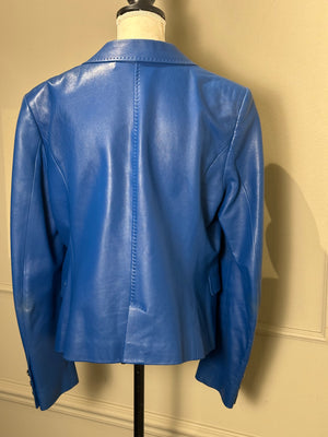 Versace electric Blue Leather Blazer chic sleek 90s jacket button up medusa button detail IT 48