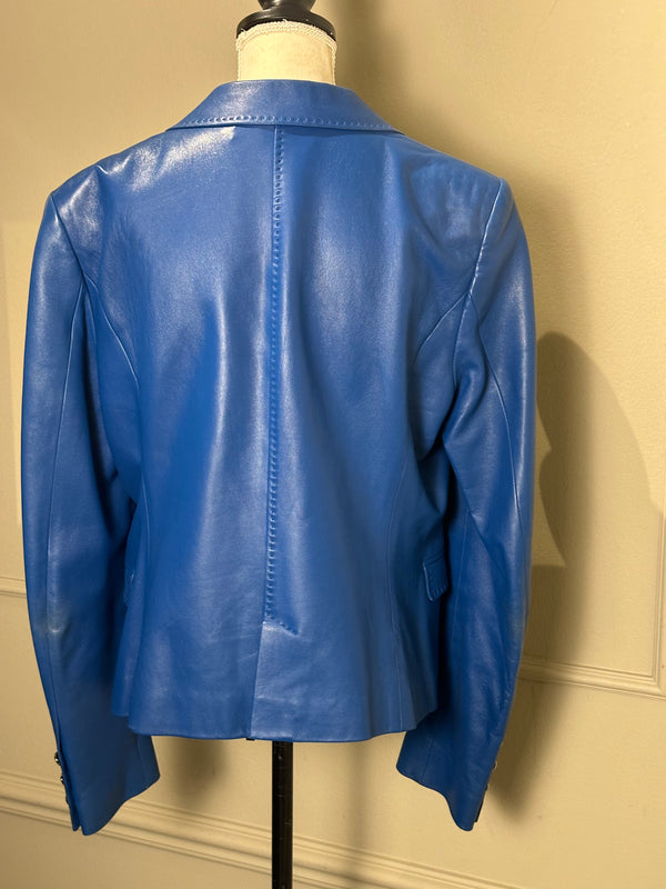 Versace electric Blue Leather Blazer chic sleek 90s jacket button up medusa button detail IT 48
