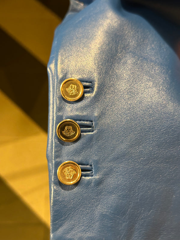Versace electric Blue Leather Blazer chic sleek 90s jacket button up medusa button detail IT 48