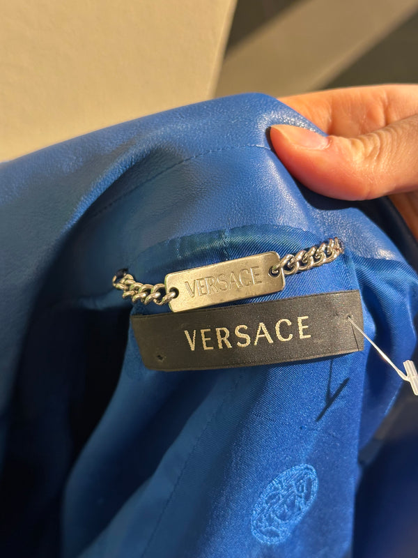 Versace electric Blue Leather Blazer chic sleek 90s jacket button up medusa button detail IT 48