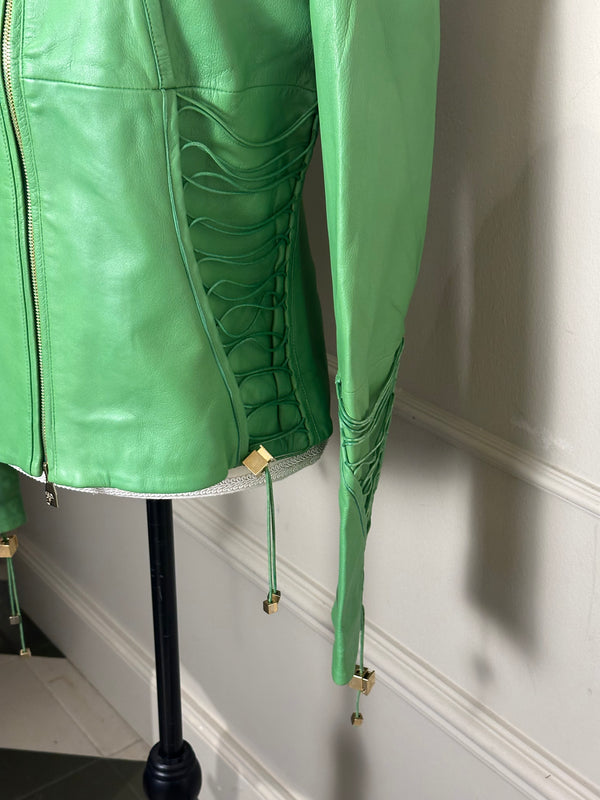Versace bright Green Leather Jacket Lace up Corset racer jacket medusa detailing edgy chic fitted gold toggles medusa