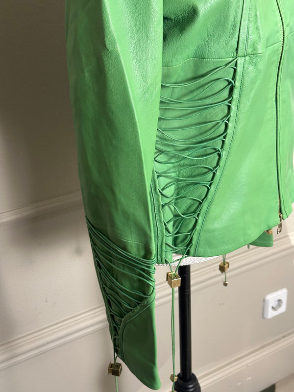 Versace bright Green Leather Jacket Lace up Corset racer jacket medusa detailing edgy chic fitted gold toggles medusa