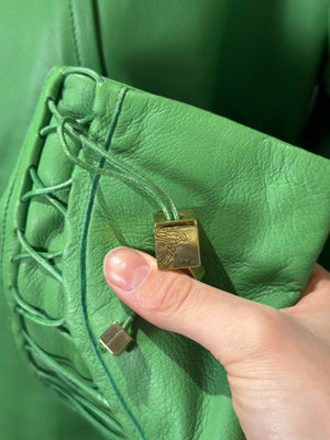 Versace bright Green Leather Jacket Lace up Corset racer jacket medusa detailing edgy chic fitted gold toggles medusa