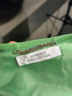 Versace bright Green Leather Jacket Lace up Corset racer jacket medusa detailing edgy chic fitted gold toggles medusa