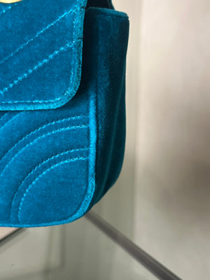 Gucci GG Marmont Velvet Turquoise Gold Medium Chain Strap Shoulder Bag Adjustable Cross Body
