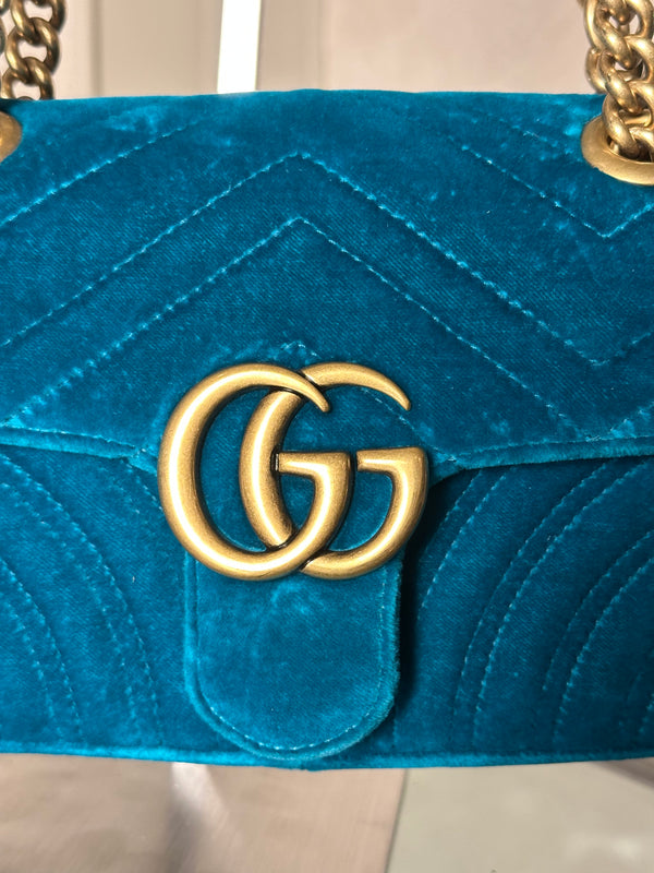 Gucci GG Marmont Velvet Turquoise Gold Medium Chain Strap Shoulder Bag Adjustable Cross Body