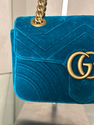 Gucci GG Marmont Velvet Turquoise Gold Medium Chain Strap Shoulder Bag Adjustable Cross Body