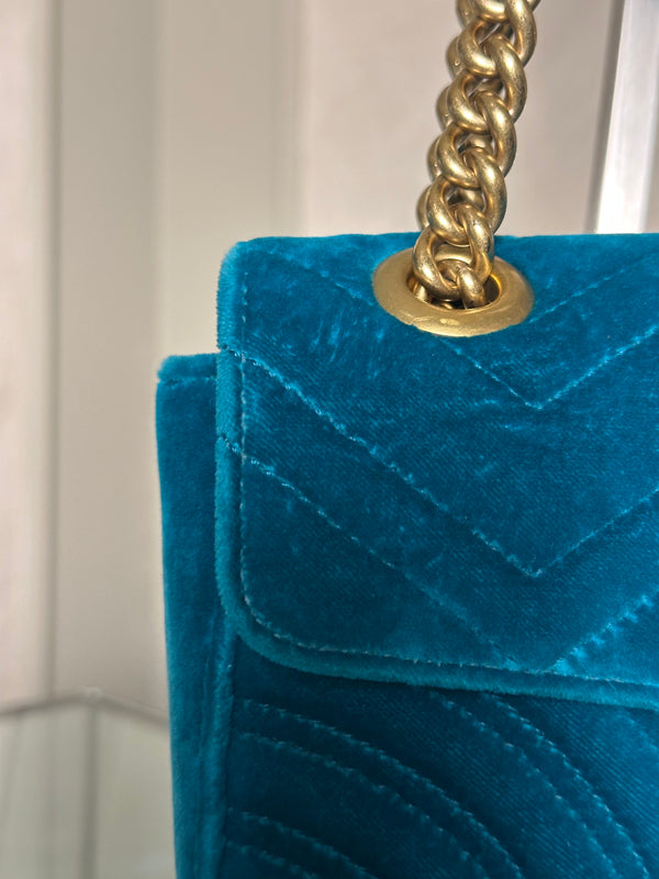 Gucci GG Marmont Velvet Turquoise Gold Medium Chain Strap Shoulder Bag Adjustable Cross Body