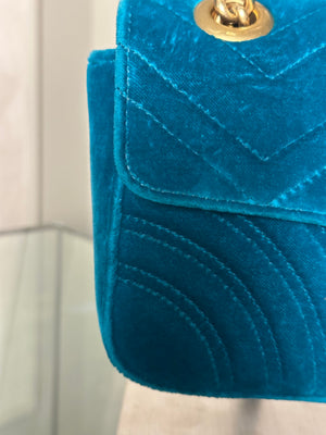 Gucci GG Marmont Velvet Turquoise Gold Medium Chain Strap Shoulder Bag Adjustable Cross Body