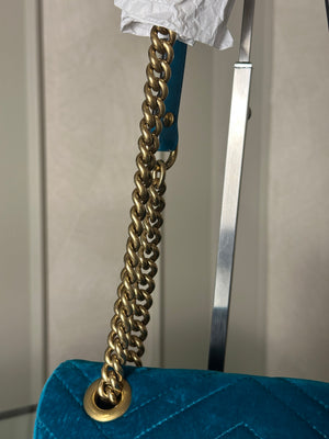 Gucci GG Marmont Velvet Turquoise Gold Medium Chain Strap Shoulder Bag Adjustable Cross Body