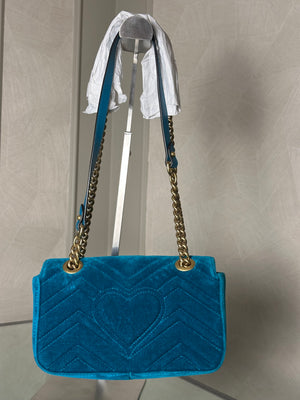 Gucci GG Marmont Velvet Turquoise Gold Medium Chain Strap Shoulder Bag Adjustable Cross Body