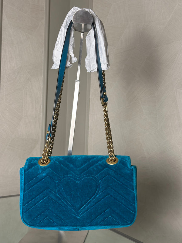 Gucci GG Marmont Velvet Turquoise Gold Medium Chain Strap Shoulder Bag Adjustable Cross Body