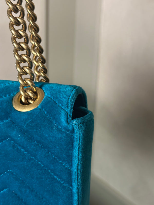 Gucci GG Marmont Velvet Turquoise Gold Medium Chain Strap Shoulder Bag Adjustable Cross Body