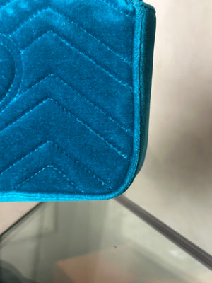 Gucci GG Marmont Velvet Turquoise Gold Medium Chain Strap Shoulder Bag Adjustable Cross Body