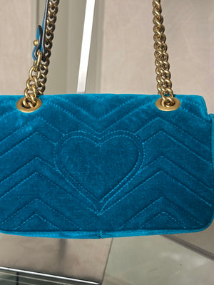 Gucci GG Marmont Velvet Turquoise Gold Medium Chain Strap Shoulder Bag Adjustable Cross Body