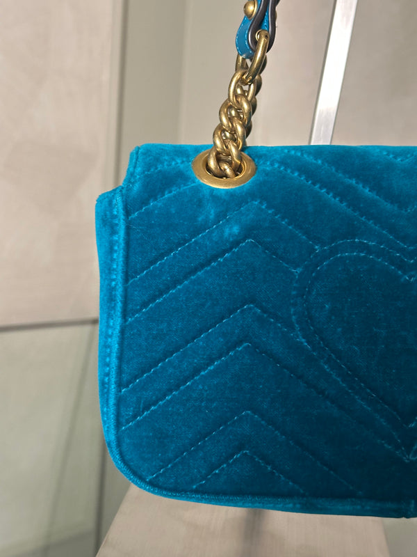 Gucci GG Marmont Velvet Turquoise Gold Medium Chain Strap Shoulder Bag Adjustable Cross Body