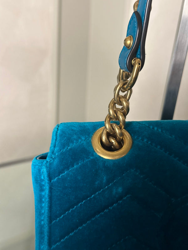 Gucci GG Marmont Velvet Turquoise Gold Medium Chain Strap Shoulder Bag Adjustable Cross Body