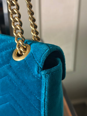 Gucci GG Marmont Velvet Turquoise Gold Medium Chain Strap Shoulder Bag Adjustable Cross Body
