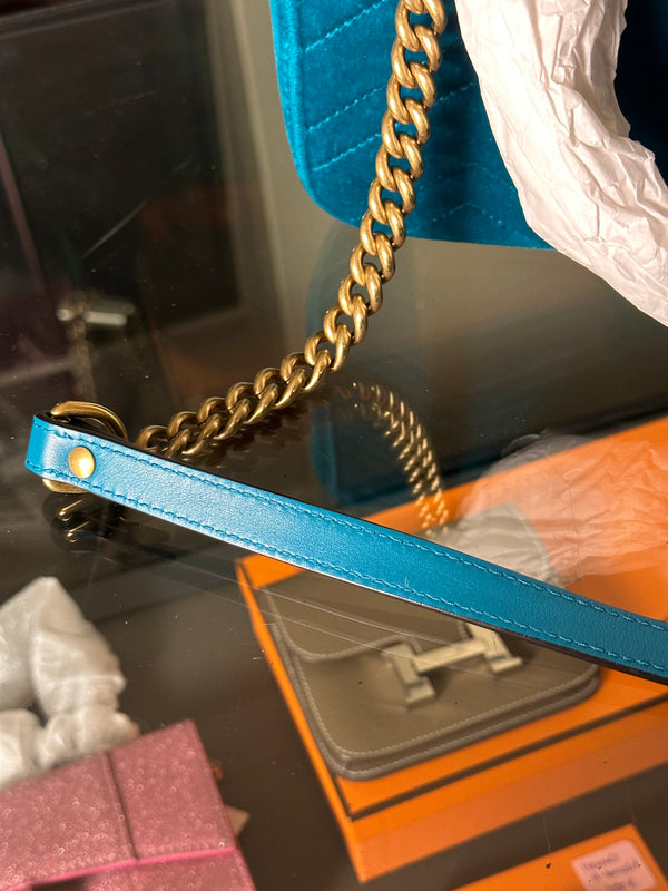 Gucci GG Marmont Velvet Turquoise Gold Medium Chain Strap Shoulder Bag Adjustable Cross Body