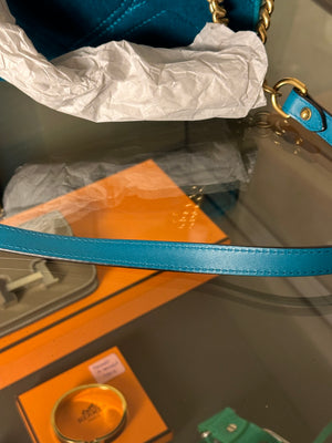Gucci GG Marmont Velvet Turquoise Gold Medium Chain Strap Shoulder Bag Adjustable Cross Body