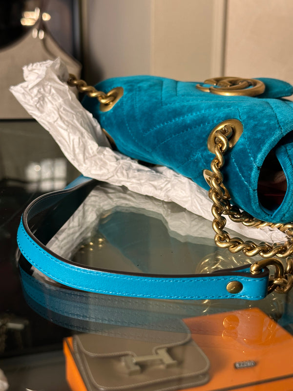 Gucci GG Marmont Velvet Turquoise Gold Medium Chain Strap Shoulder Bag Adjustable Cross Body