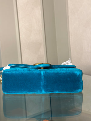 Gucci GG Marmont Velvet Turquoise Gold Medium Chain Strap Shoulder Bag Adjustable Cross Body