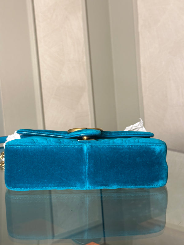 Gucci GG Marmont Velvet Turquoise Gold Medium Chain Strap Shoulder Bag Adjustable Cross Body