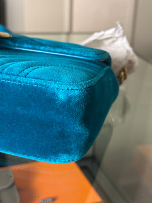 Gucci GG Marmont Velvet Turquoise Gold Medium Chain Strap Shoulder Bag Adjustable Cross Body
