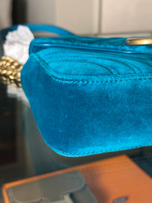 Gucci GG Marmont Velvet Turquoise Gold Medium Chain Strap Shoulder Bag Adjustable Cross Body