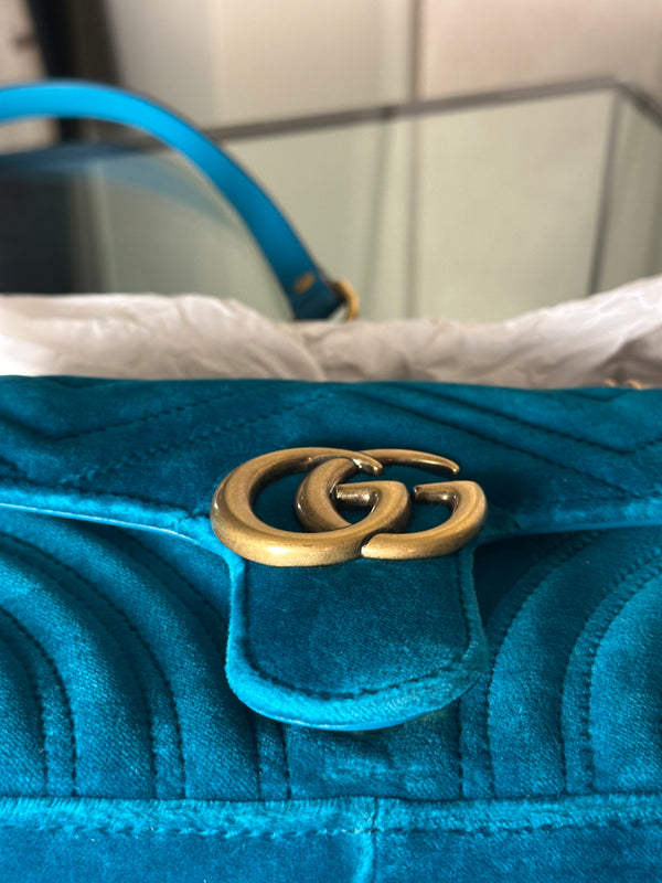 Gucci GG Marmont Velvet Turquoise Gold Medium Chain Strap Shoulder Bag Adjustable Cross Body