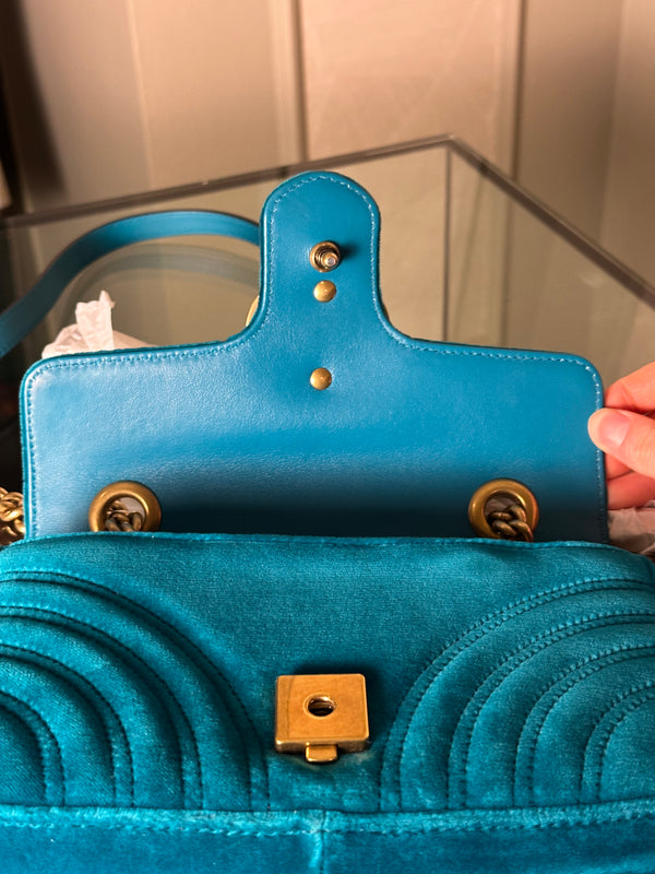Gucci GG Marmont Velvet Turquoise Gold Medium Chain Strap Shoulder Bag Adjustable Cross Body