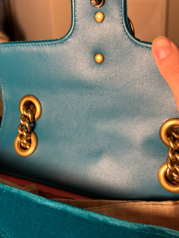 Gucci GG Marmont Velvet Turquoise Gold Medium Chain Strap Shoulder Bag Adjustable Cross Body