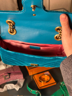 Gucci GG Marmont Velvet Turquoise Gold Medium Chain Strap Shoulder Bag Adjustable Cross Body