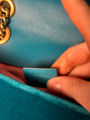 Gucci GG Marmont Velvet Turquoise Gold Medium Chain Strap Shoulder Bag Adjustable Cross Body