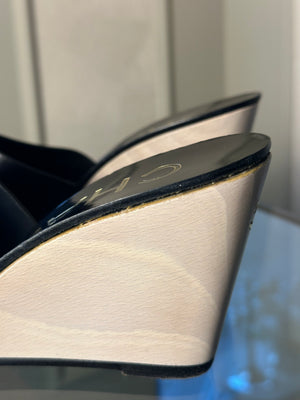 Chanel black leather CC logo wedge white wood gold black mule sandals CC logo open toe 2010s