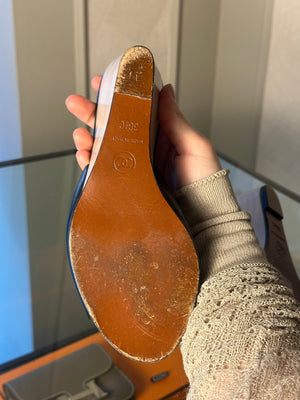 Chanel black leather CC logo wedge white wood gold black mule sandals CC logo open toe 2010s