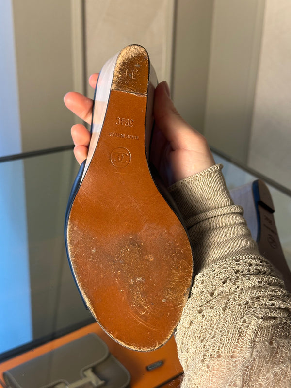 Chanel black leather CC logo wedge white wood gold black mule sandals CC logo open toe 2010s