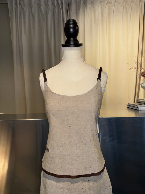 Prada Vintage Grey Linen Two Piece Set Camisole Tank Top Midi Skirt Brown Leather Trim Logo Detail Summer Co Ord Designer Suit Size IT 44