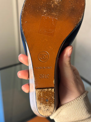 Chanel black leather CC logo wedge white wood gold black mule sandals CC logo open toe 2010s