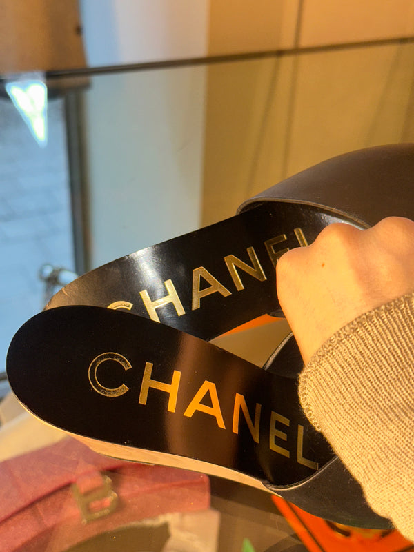 Chanel black leather CC logo wedge white wood gold black mule sandals CC logo open toe 2010s