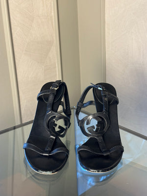 Tom Ford Gucci black leather 90s chic elegant strappy heels gladiator style interlocking sandal EU 37 1/2