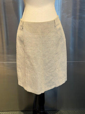 Prada Vintage Grey Linen Two Piece Set Camisole Tank Top Midi Skirt Brown Leather Trim Logo Detail Summer Co Ord Designer Suit Size IT 44