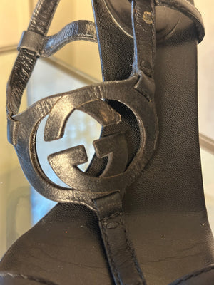Tom Ford Gucci black leather 90s chic elegant strappy heels gladiator style interlocking sandal EU 37 1/2