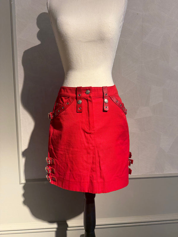 Christian Dior John Galliano F/W2003 Sexy Mini Skirt Bright Red Bondage Grommet Buckle Iconic Vintage FR34