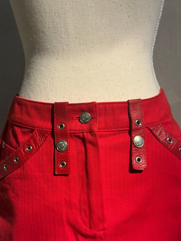 Christian Dior John Galliano F/W2003 Sexy Mini Skirt Bright Red Bondage Grommet Buckle Iconic Vintage FR34