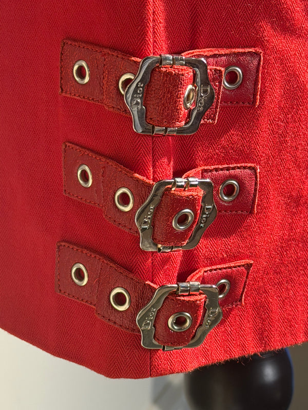 Christian Dior John Galliano F/W2003 Sexy Mini Skirt Bright Red Bondage Grommet Buckle Iconic Vintage FR34