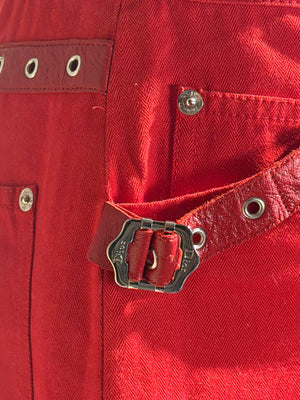 Christian Dior John Galliano F/W2003 Sexy Mini Skirt Bright Red Bondage Grommet Buckle Iconic Vintage FR34