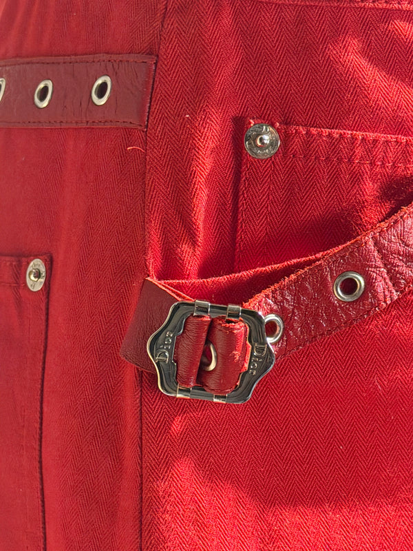 Christian Dior John Galliano F/W2003 Sexy Mini Skirt Bright Red Bondage Grommet Buckle Iconic Vintage FR34