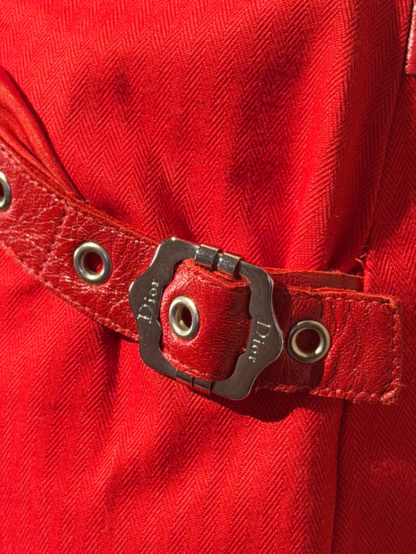 Christian Dior John Galliano F/W2003 Sexy Mini Skirt Bright Red Bondage Grommet Buckle Iconic Vintage FR34